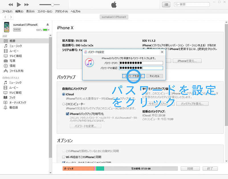 iTunes 続いて 概要項目 続いて iPhone ページ内、iPhone のバックアップを暗号化のパスワードを設定